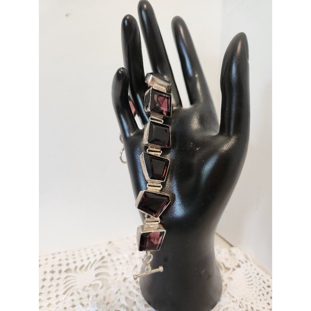 Vintage Silver Gemstone Bracelet Amethyst Jewelry Stamped Silver H